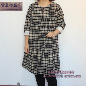 文艺范春秋季格子上衣女装雪蓝衫原创大码韩版T恤长款连衣裙5021
