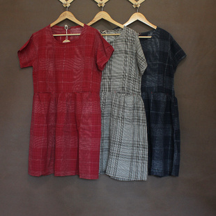 中长款 棉麻文艺范拼接连衣裙子7145女装 短袖 大码 格子上衣韩版 夏季