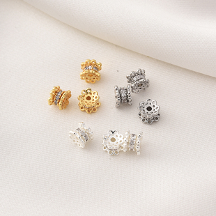 铜镀18K真金高保镶锆石双面花托手工diy手链手串白金色银色隔珠