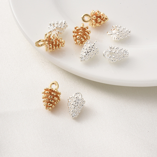 铜镀厚银保色松球挂件手工diy手链吊饰电镀14K真金项链松果小吊坠