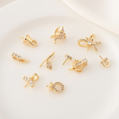 高保铜镀14K真金镶锆石蝴蝶结带针珍珠空托手工diy项坠托羊眼钉