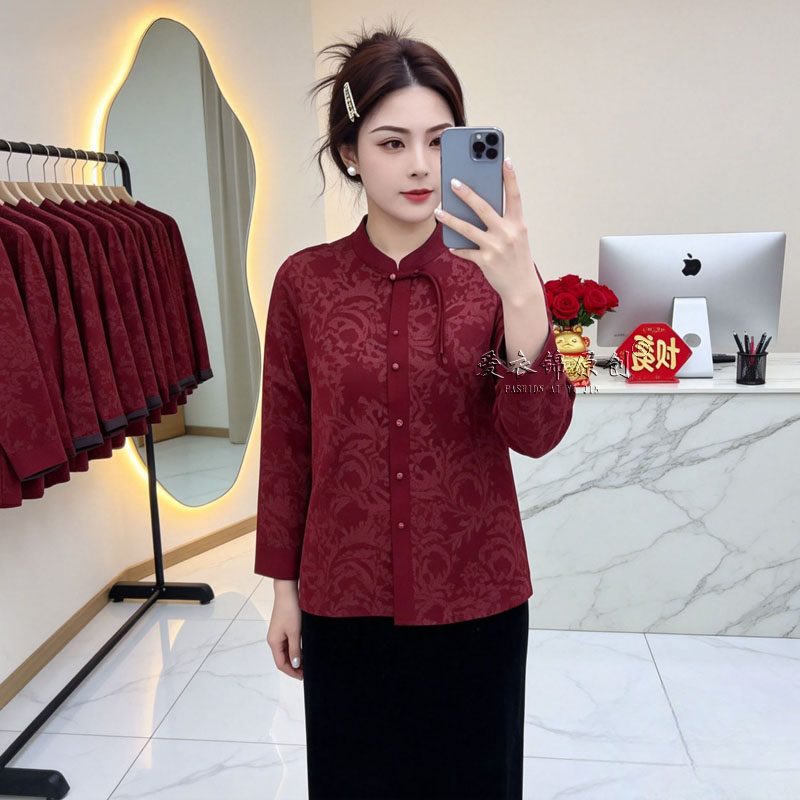 新中式立领提花显瘦妈妈装开衫