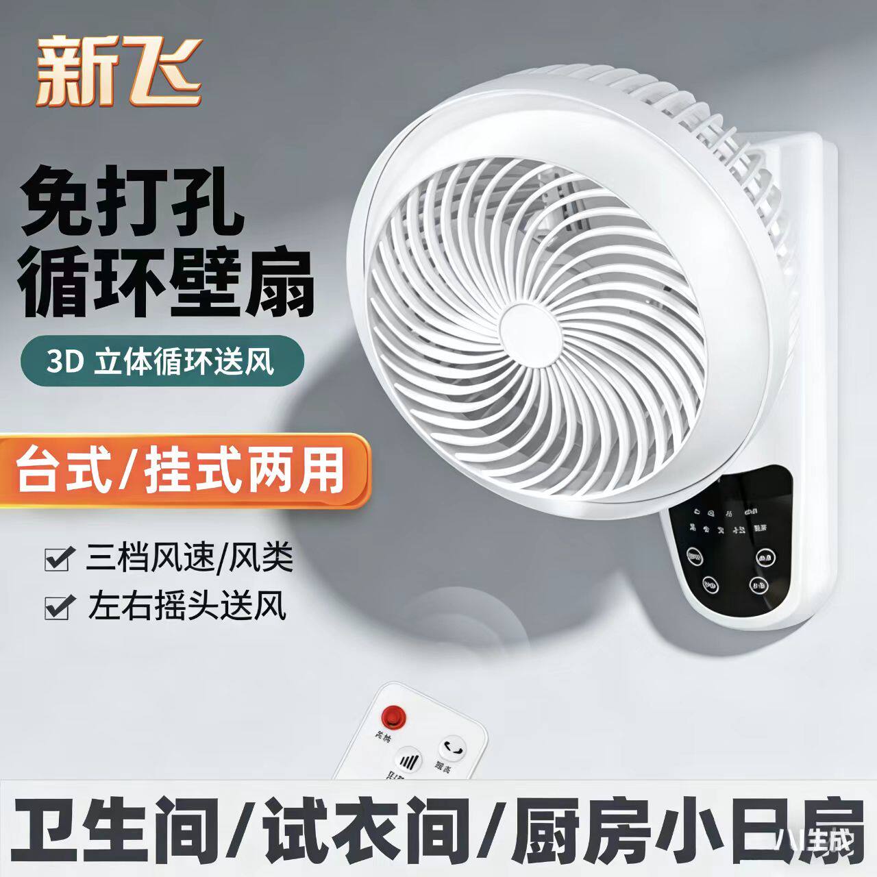 新飞免打孔挂壁风扇挂墙上壁扇挂壁式电风扇厕所厨房小型凉霸循环