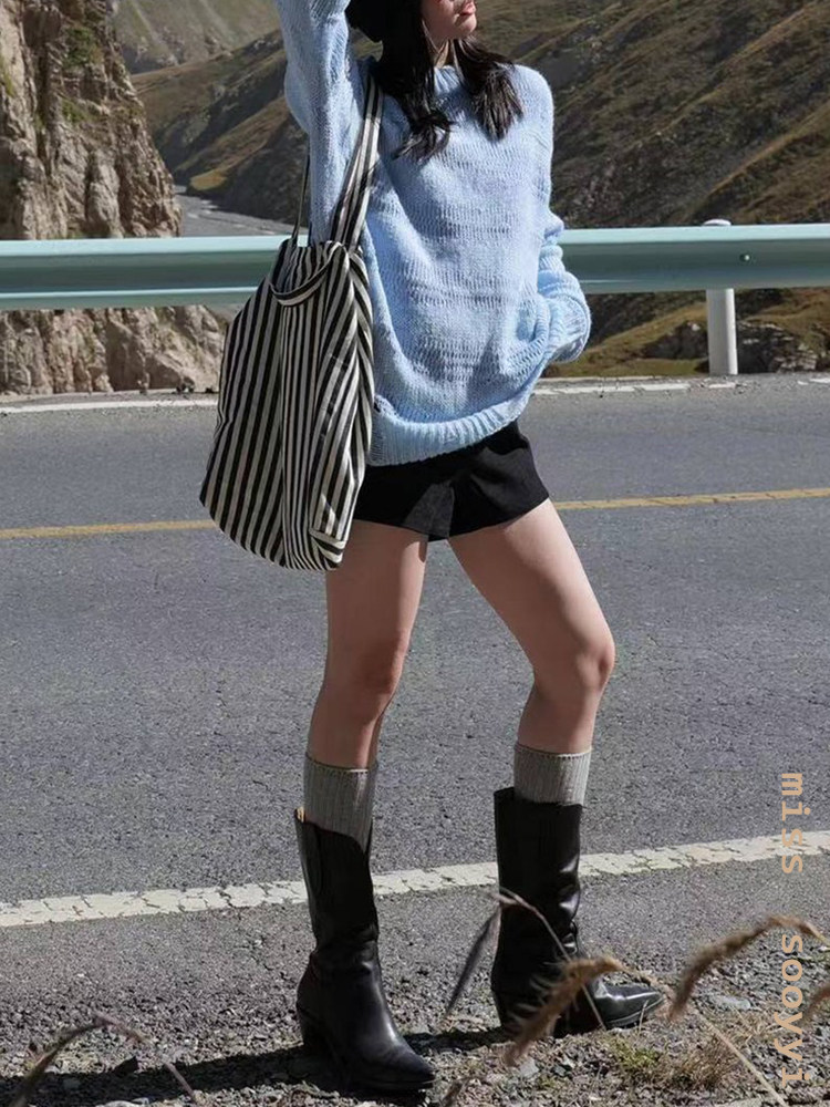 [3인] 브이마우스 웨스턴부츠 카우보이부츠 슬림미드종아리부츠 천연가죽 두꺼운 굽 나이트부츠 포인티드토 여성부츠