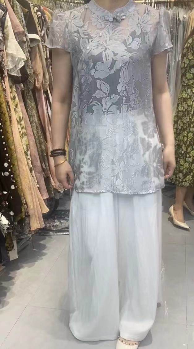 qz321款立领国风蕾丝抹袖套装