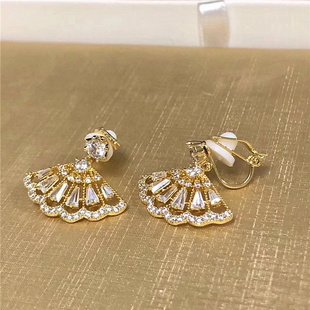 法国设计师AGLAIA气质14K金镂空闪钻扇子名媛风耳钉 耳夹无需耳洞