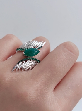 店主自留意大利古董珠宝复古风天使之翼天然彩宝绿玛瑙925银戒指