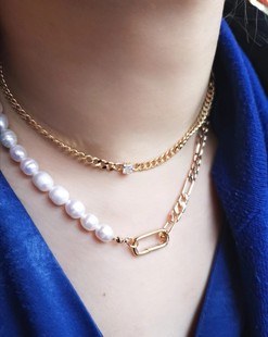 法国巴黎JFB费加罗天然珍珠厚镀18K真金链条马蹄扣可拆百搭项链