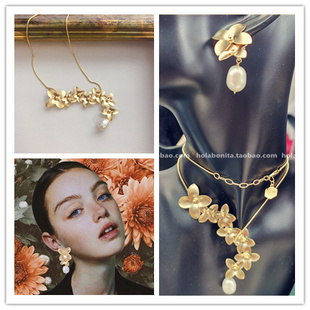 法国巴黎JINGER繁花天然淡水巴洛克珍珠项链耳环 厚镀18K金 法式