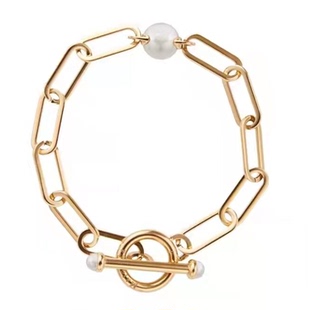 西班牙小众波西米亚人INS风回形针设计珍珠OT扣气质手链手镯 女