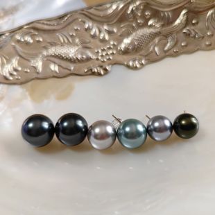 进口深海贝壳大溪地黑真多麻灰莫兰迪色正圆强光无暇珍珠耳钉耳环