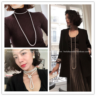 欧洲西班牙海岛风8mm极光澳白真多麻灰色长款 珍珠项链毛衣链150cm