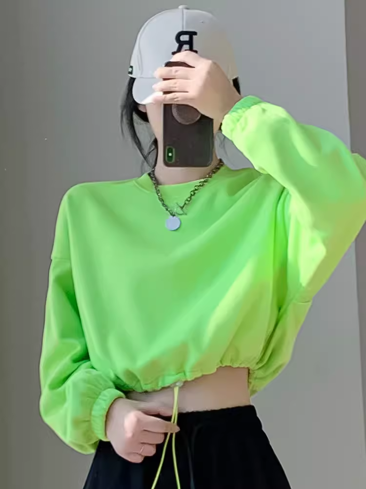 纯色短款卫衣女2025秋季美式街头宽松圆领抽绳显瘦短款露肚脐上衣