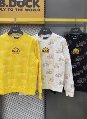 B.Duck小黄鸭成人卫衣亲子款男女同款白色满印加绒加厚保暖外套潮