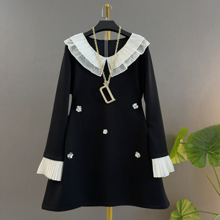 胖妹妹显瘦气质长裙 女装 法式 复古风黑色蕾丝边连衣裙大码