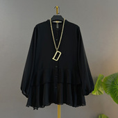 长袖 大码 优雅衬衫 荷叶边遮肉显瘦中长款 欧洲站新款 宽松打底衫 时尚