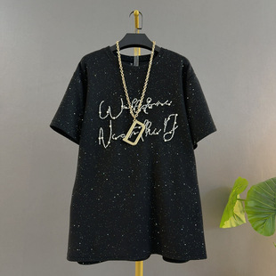 黑色字母印花短袖 T恤女宽松显瘦重工钉珠街头上衣