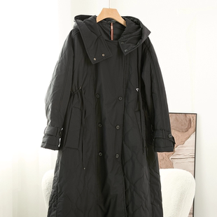 轻奢羊毛羊驼绒连帽长款 大衣女黑色双排扣保暖显瘦外套24040