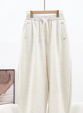 浅灰色休闲裤女高腰宽松直筒束脚裤冬季保暖羊绒裤25036