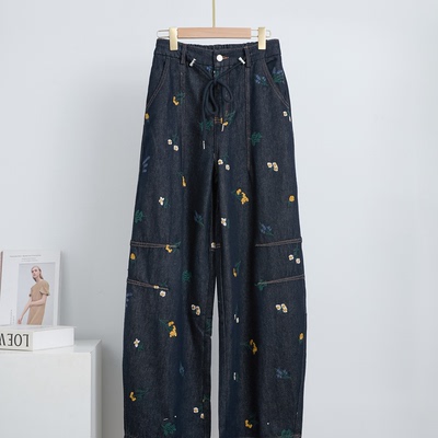 复古碎花刺绣牛仔裤女宽松显瘦