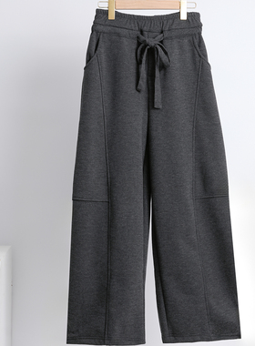 高腰弯刀裤女冬新款深灰色加绒休闲裤松紧腰抽绳阔腿裤8173