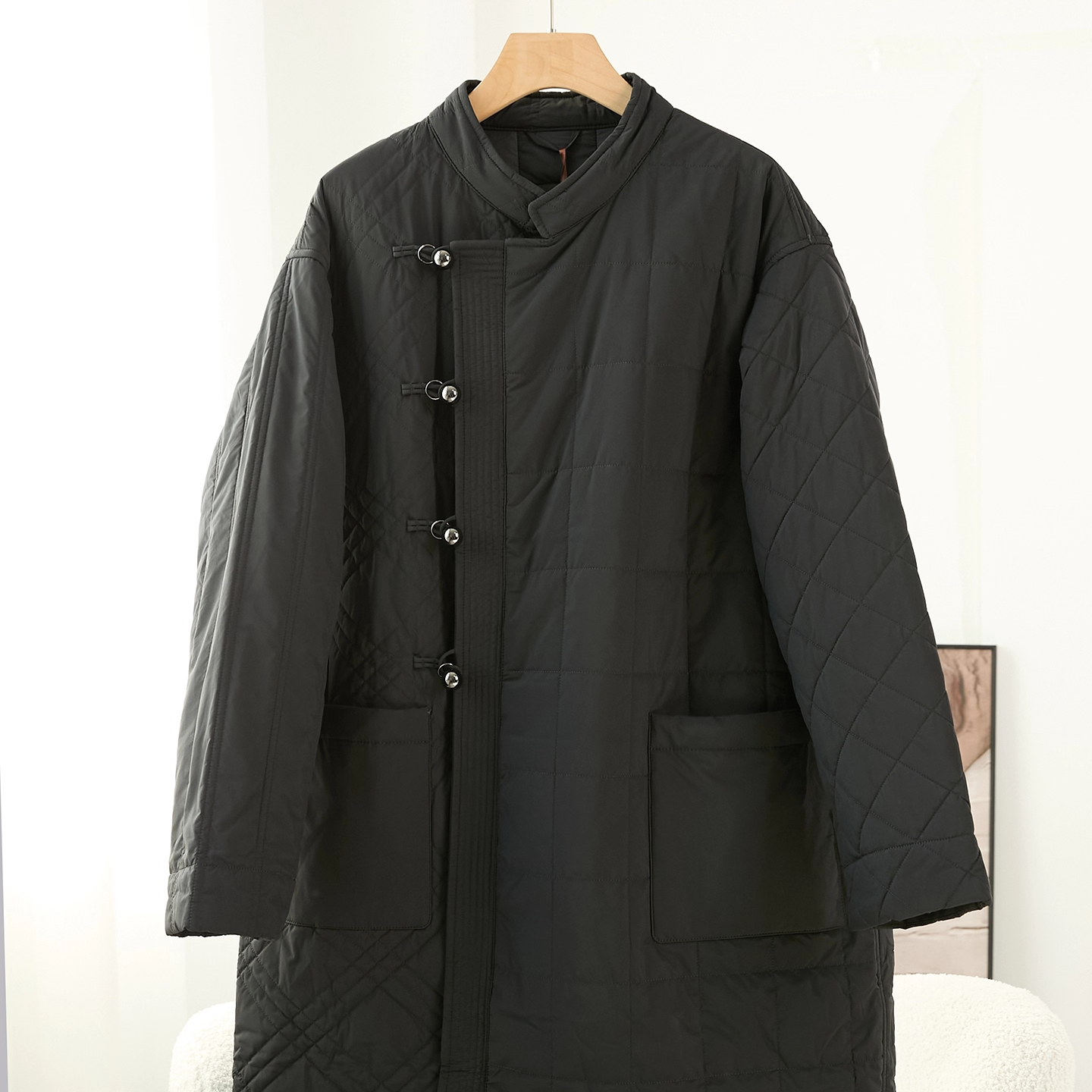 黑色羊驼绒长款菱格棉衣女立领盘扣宽松显瘦百搭外套24039,女装/女士精品,羊绒大衣,淘宝优惠券,粉丝福利购,淘宝优惠卷