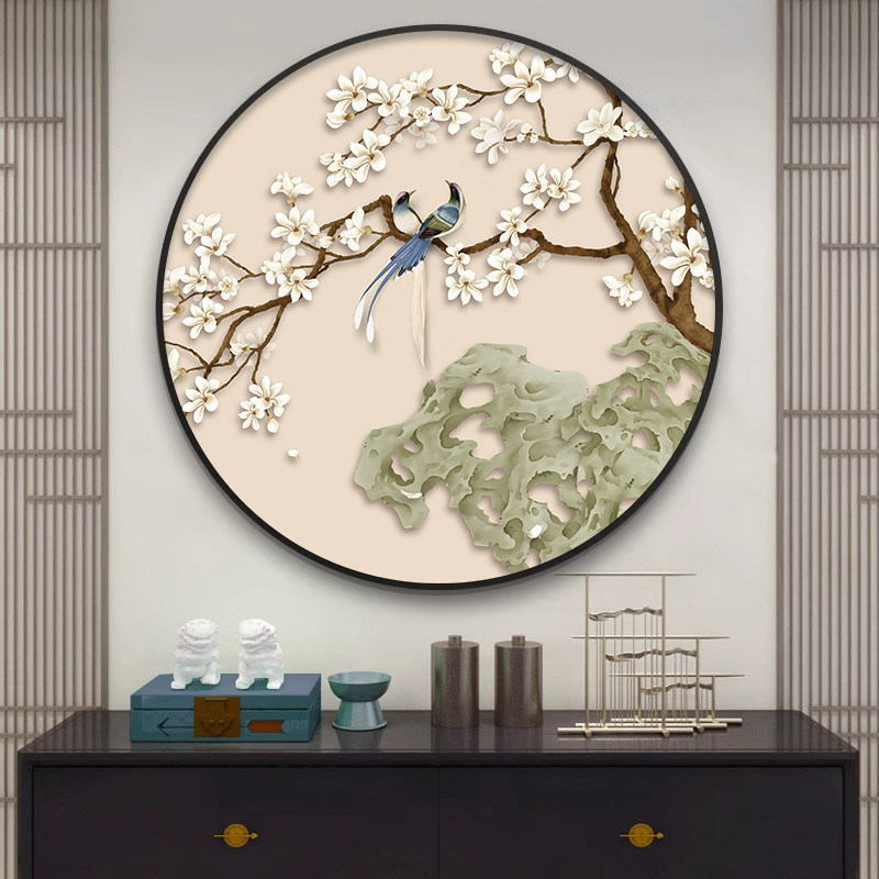 喜上眉梢花鸟玄关装饰画圆形客厅背景墙挂画寓意好新中式茶室壁画