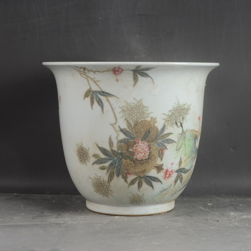 民国浅绛彩手绘笑口常开石榴纹花盆一对古玩古董收藏精品陶瓷摆件