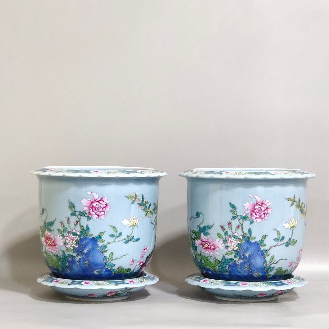 清代乾隆天蓝釉虞美人精品花盆花钵古玩古董收藏景德镇老货瓷器