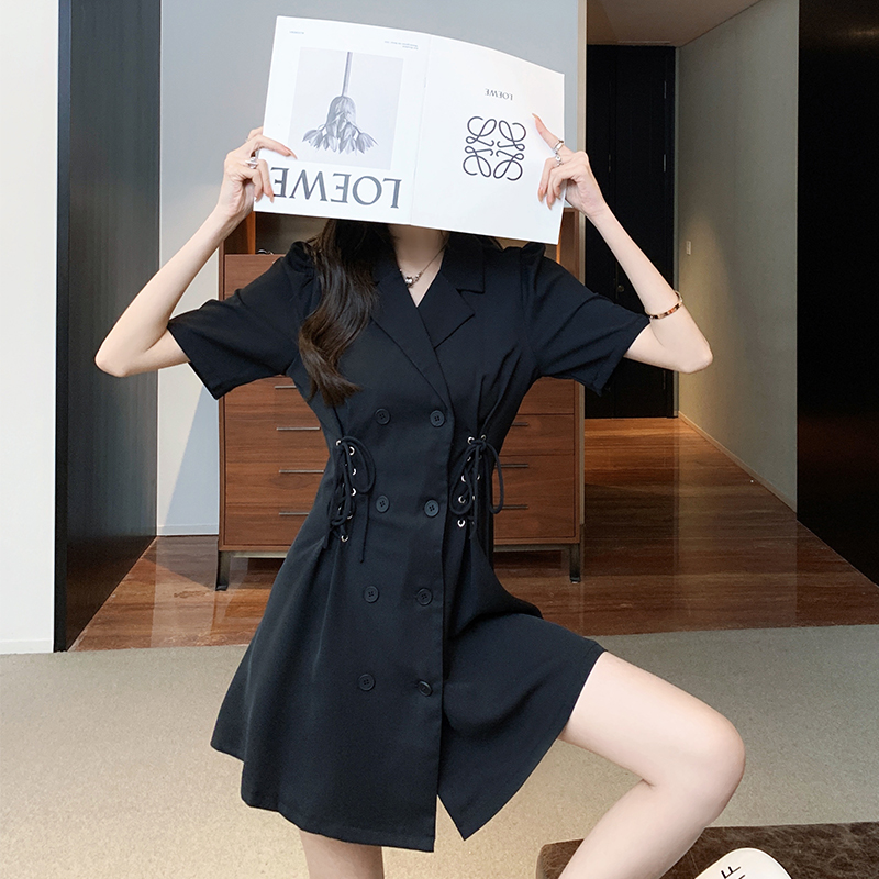 Real shot # black suit dress women's summer dress advanced sense commuting temperament show thin high waist temperament skirt