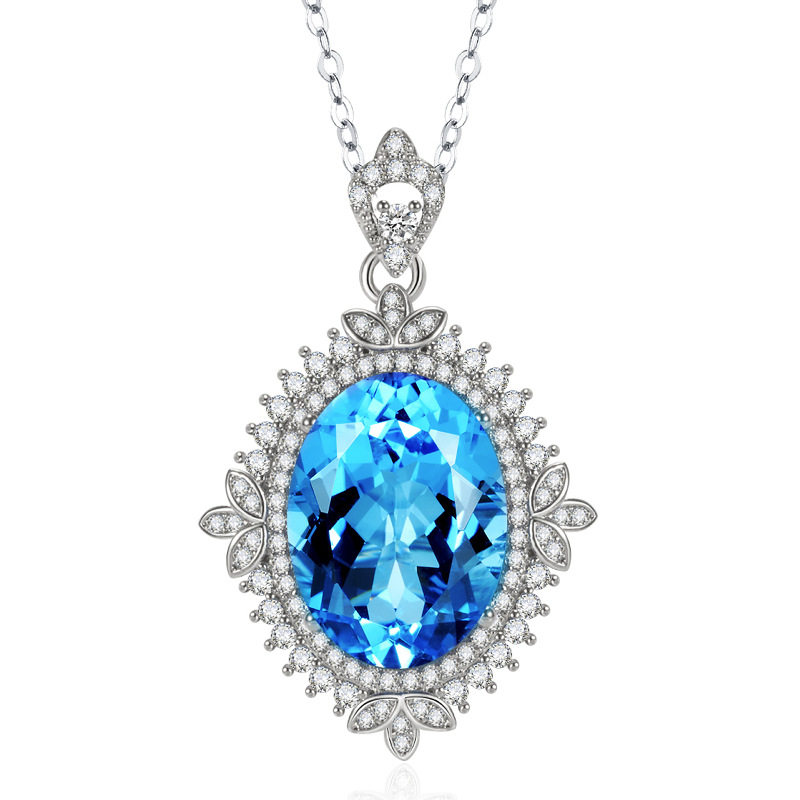 欧美跨境海蓝托帕石吊坠项链 镀铂金蓝水晶满钻天空蓝蓝宝石吊坠
