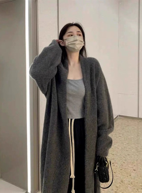 春秋季慵懒风加厚百搭针织衫开衫大衣 灰色中长款过膝毛衣外套女