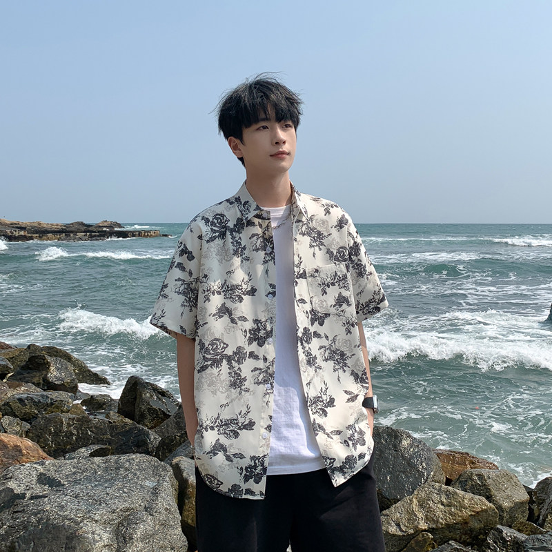短袖花衬衫男夏季潮流痞帅海岛度假风宽松休闲垂感衬衣C508-P40,男装T恤,星座503-3（原B356）