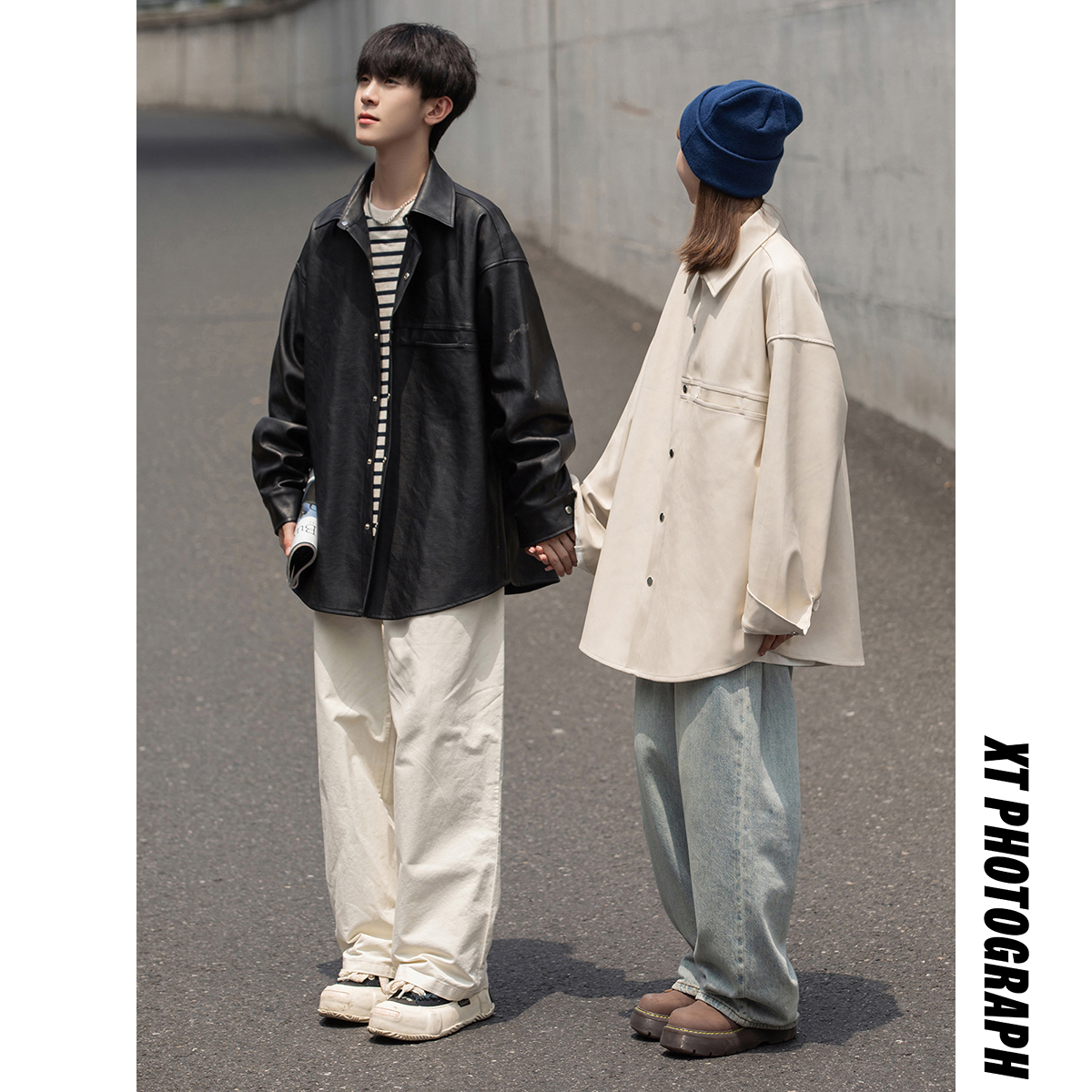 New 23 year autumn outfit solid color loose PU leather shirt jacket unisex 2308-P75_voghion.com
