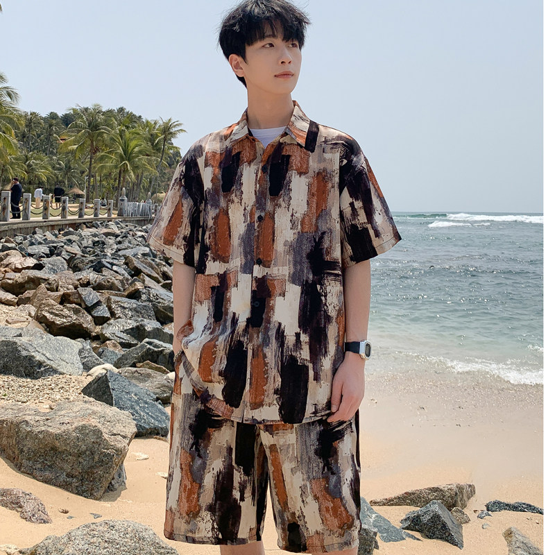 短袖衬衫夏季潮流ins泼墨上衣服两件套休闲宽松男装DZ509-P65,男装T恤,星座503-3（原B356）