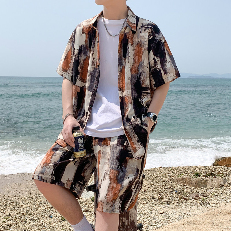 短袖衬衫夏季潮流ins泼墨上衣服两件套休闲宽松男装DZ509-P65,男装T恤,星座503-3（原B356）