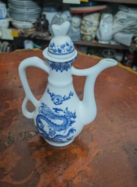 90年代古越龙山青花龙纹酒壶老厂货陶瓷分酒器怀旧中式老酒具摆件