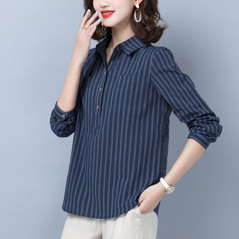 纯棉衬衫女春秋长袖小衫2025新款大码中年妈妈装休闲宽松条纹上衣