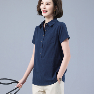 纯棉衬衫女短袖2023年夏季新款中年妈妈装宽松POLO领上衣休闲T恤