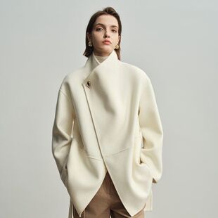 呢翻领不规则羊绒外套大衣]羊毛本初[一粒扣系带双面中长款小个子