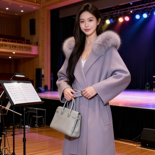 狐狸毛系带高级感毛呢女紫色2025秋冬外套双面皮草羊绒大衣中长款