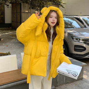 黄色90白鸭绒小熊耳朵连帽羽绒服2025冬短款 小个子显瘦保暖外套女