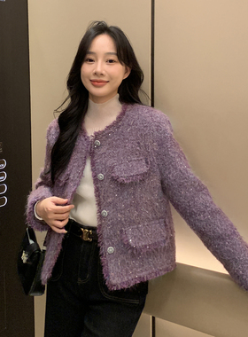 90白鸭绒紫色流苏短款小香风外套女2025冬新款显瘦保暖气质羽绒服