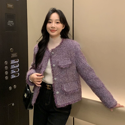 90白鸭绒紫色流苏短款小香风外套女2025冬新款显瘦保暖气质羽绒服