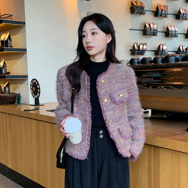 紫色流苏边小香风毛呢羽绒外套女