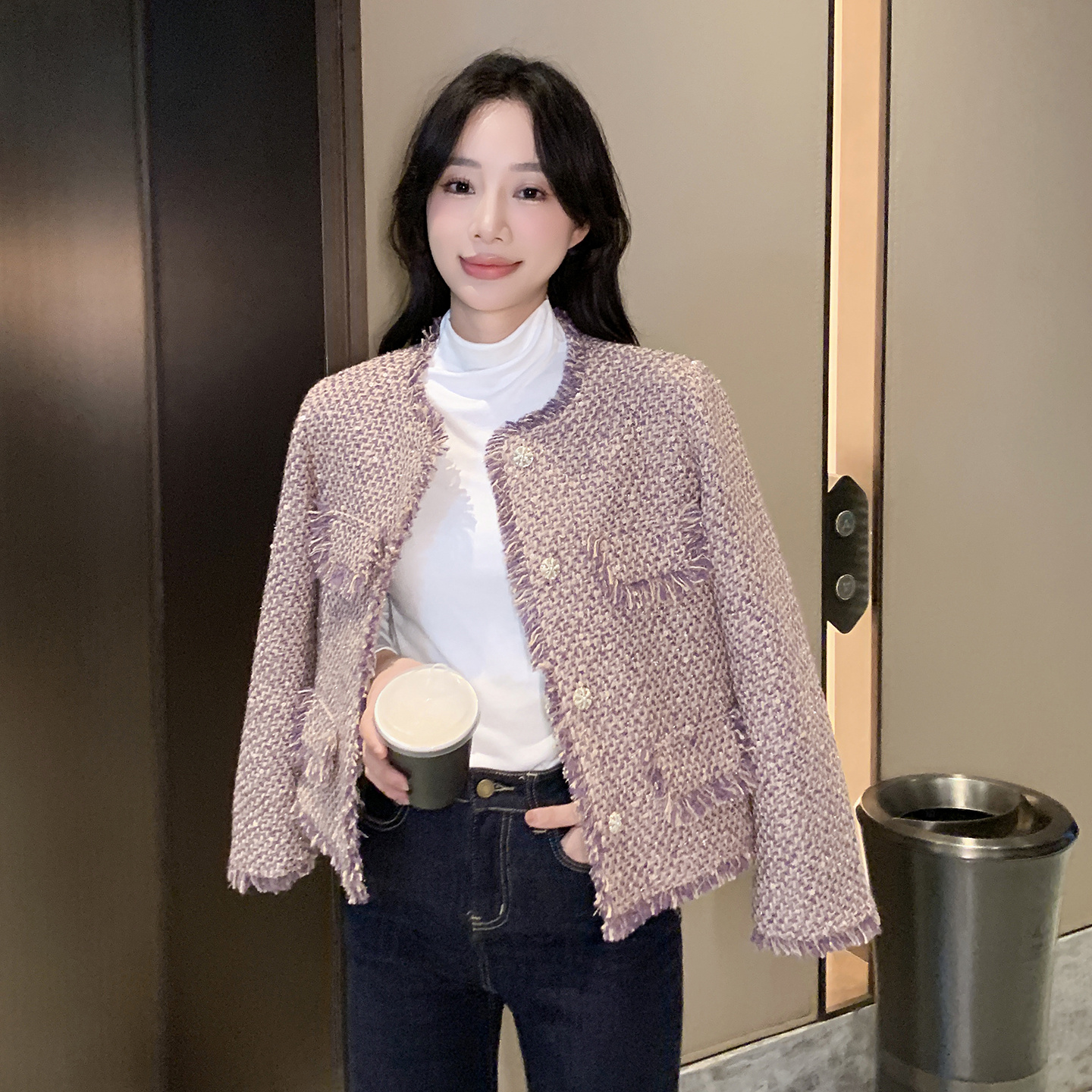 丁香粉90白鸭绒小香风毛呢外套2025秋新款显瘦通勤小个子短上衣女