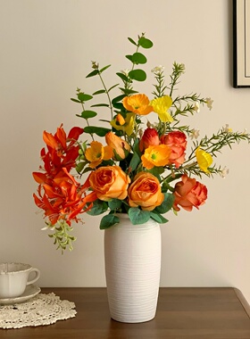 秋日恋歌 设计师款橙色系仿真花花束玫瑰花尤加利叶假花桌面摆设