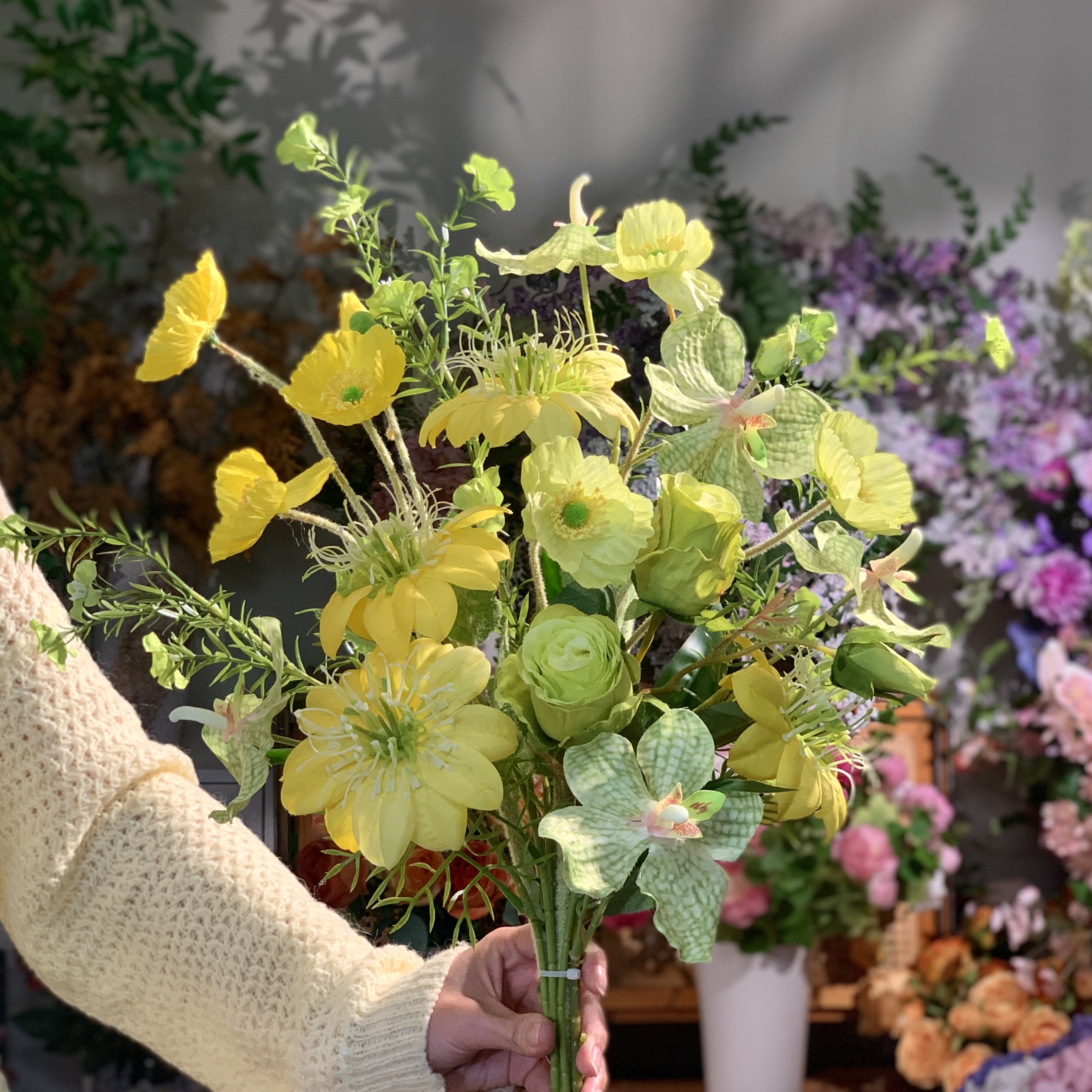 清新绿色田园风油画玫瑰仿真花花束客厅餐桌花艺摆件出游拍照道具