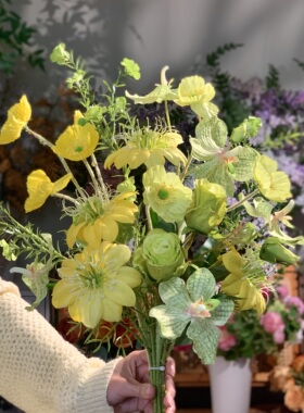 清新绿色田园风油画玫瑰仿真花花束客厅餐桌花艺摆件出游拍照道具