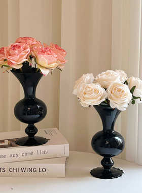 法式中古黑色花瓶摆件客厅插花复古轻奢高级感玻璃水培鲜花干花